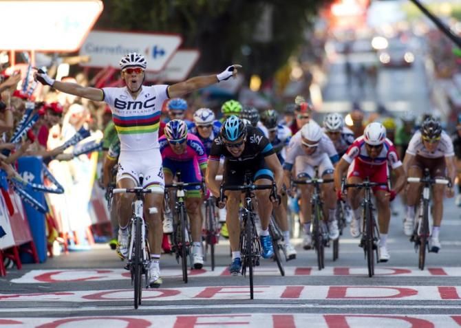 World champion Philippe Gilbert (BMC) wins stage 12 at the Vuelta a Espana ahead of Edvald Boasson Hagen (Sky) and Maximilian Ariel Richeze (Lampre-Merida)