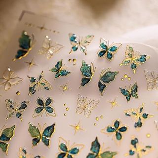 Glamrays Butterfly Nail Stickers Nail Art Stickers Decals 5d Relief Butterfly Nail Decals Green Butterfly Star Gold Edges Design Butterfly Nail Stickers