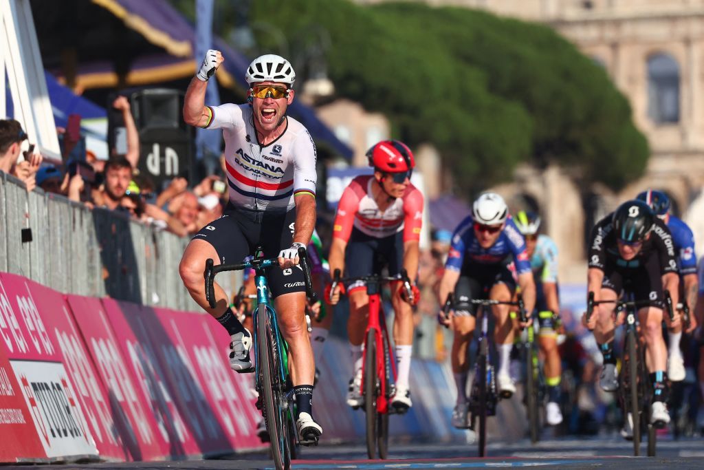Astana Qazaqstan Teams British rider Mark Cavendish celebrates as he crosses the finish line to win the twentyfirst and last stage of the Giro dItalia 2023 cycling race 135 km in and around Rome on May 28 2023 Photo by Luca Bettini AFP Photo by LUCA BETTINIAFP via Getty Images