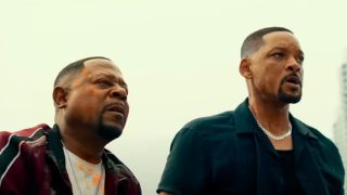 Martin Lawrence as Marcus Burnett and Will Smith as Mike Lowery look at something to their left in the trailer for Bad Boys: Ride or Die.