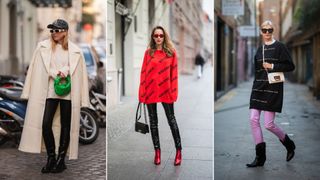 A composite of street style influencers showing how to style leather leggings with an oversized sweater