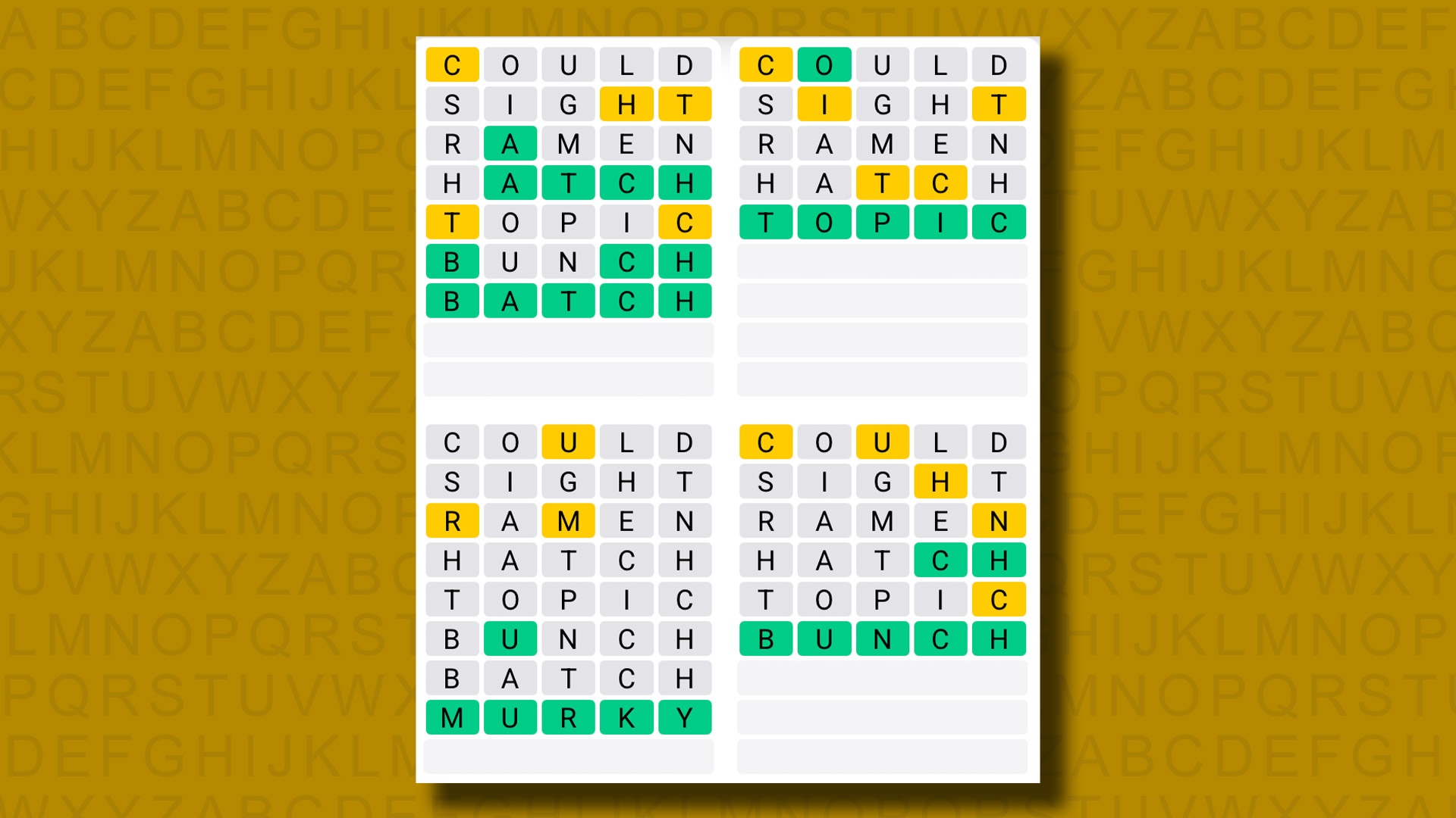 Quordle answers for game 1282 on a yellow background