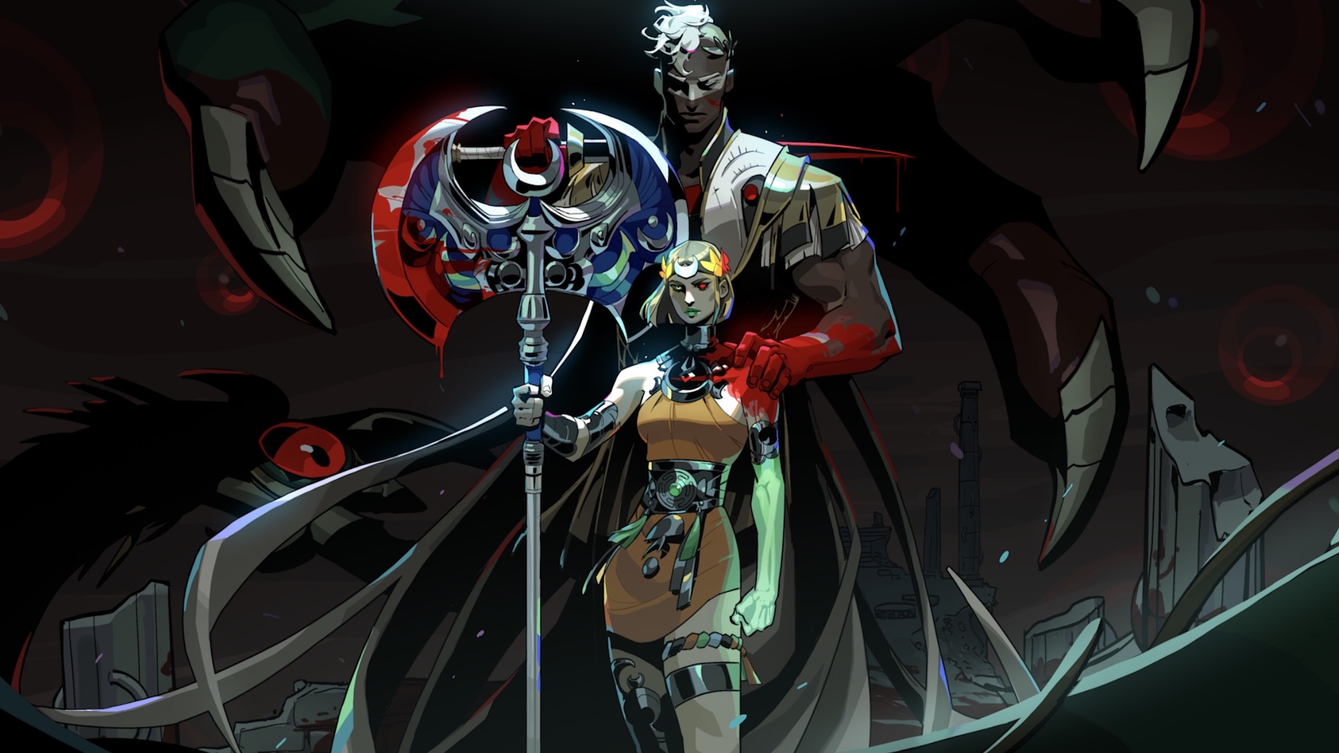 Melinoe stands holding a blood-soaked axe with Ares standing behind her