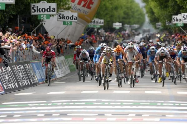 The sprinters come through as Cadel Evans (left, BMC) begins to fall back