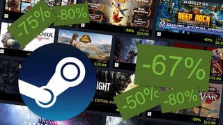 Продажа Steam - обрезанное изображение галереи скидных паровых игр, наложенных на логотип Steam и проценты скидок