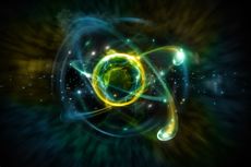 Close-up of a subatomic particle, abstract background.