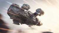 A render of a space ship flying