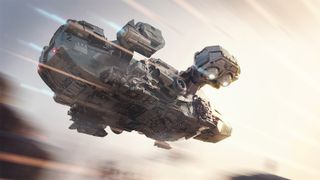 A render of a space ship flying
