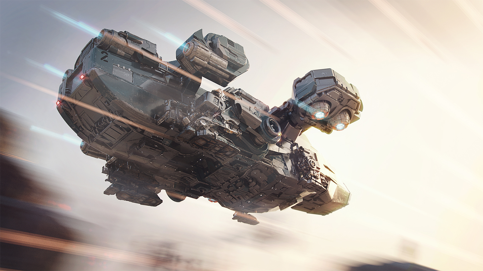 A render of a space ship flying