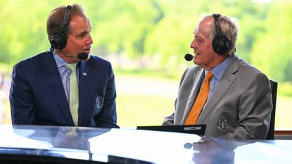 Jim Nantz talks to Jack Nicklaus in the CBS Sports studio at the 2021 Memorial Tournament