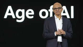 Microsoft CEO Satya Nadella speaks at a company event on AI technologies in Jakarta, Indonesia.