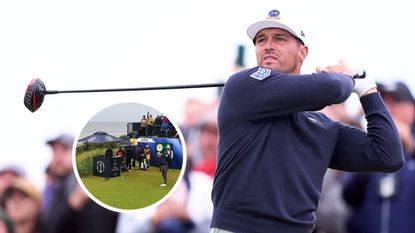 Bryson DeChambeau hitting driver at the Open Championship and inset image of Max Homa taking a tee shot