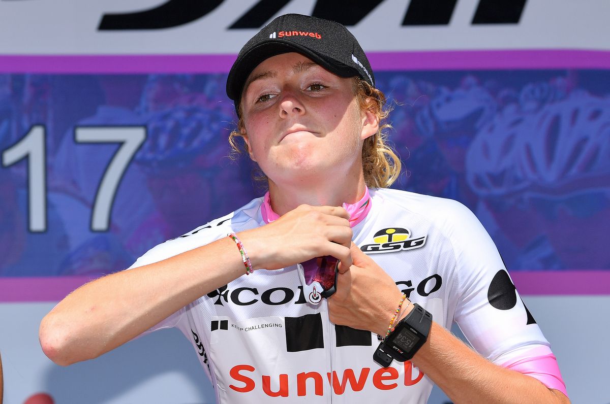 Floortje Mackaij (Team Sunweb Women) pulls on the best young rider jersey