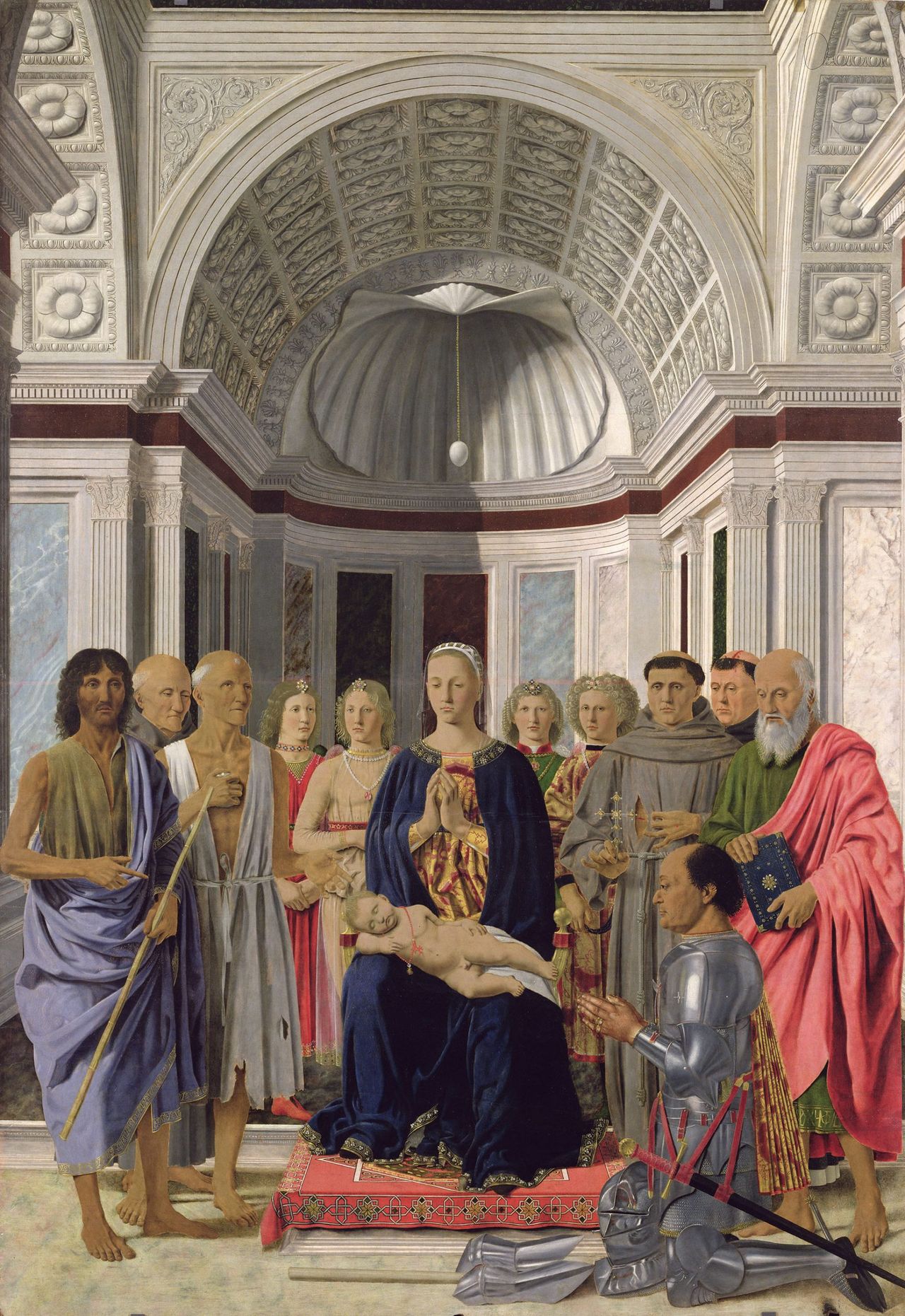 Madonna and Child with Saints, Angels and Federico da Montefeltro (the Brera Altarpiece, Brera Madonna or San Bernardino Altarpiece), 1427–74, 98in by 59in, by Piero della Francesca (1415–92), Pinacoteca di Brera, Milan, Italy.