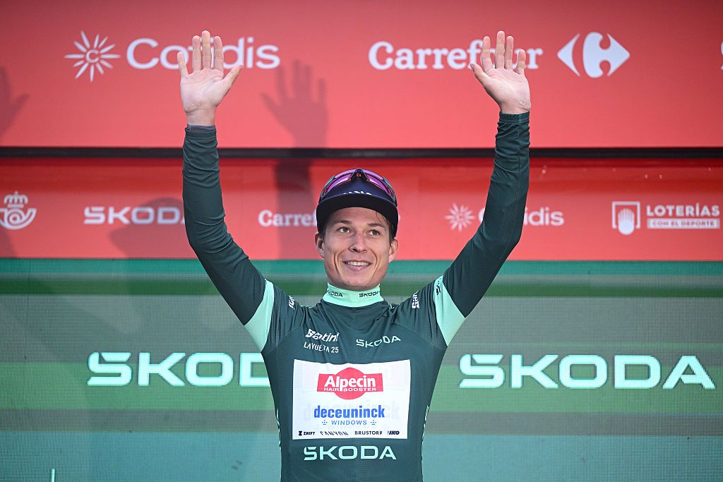 LIMONE PIEMONTE, ITALY - AUGUST 24: Jasper Philipsen of Belgium and Team Alpecin - Deceuninck celebrates at podium as Green points jersey winner during the La Vuelta - 80th Tour of Spain 2025, Stage 2 a 159.5km stage from Alba to Limone Piemonte 1389m / #UCIWT / on August 24, 2025 in Limone Piemonte, Italy.