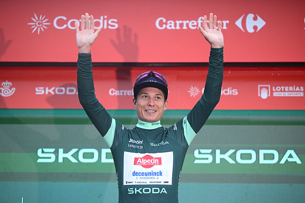LIMONE PIEMONTE, ITALY - AUGUST 24: Jasper Philipsen of Belgium and Team Alpecin - Deceuninck celebrates at podium as Green points jersey winner during the La Vuelta - 80th Tour of Spain 2025, Stage 2 a 159.5km stage from Alba to Limone Piemonte 1389m / #UCIWT / on August 24, 2025 in Limone Piemonte, Italy.