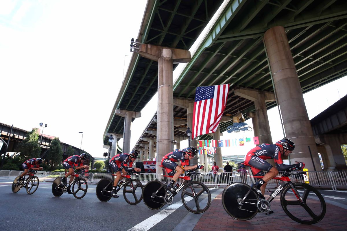 BMC pass under an American flag in Richmond
