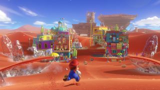 Mario springer över en ökenbana i Super Mario Odyssey.