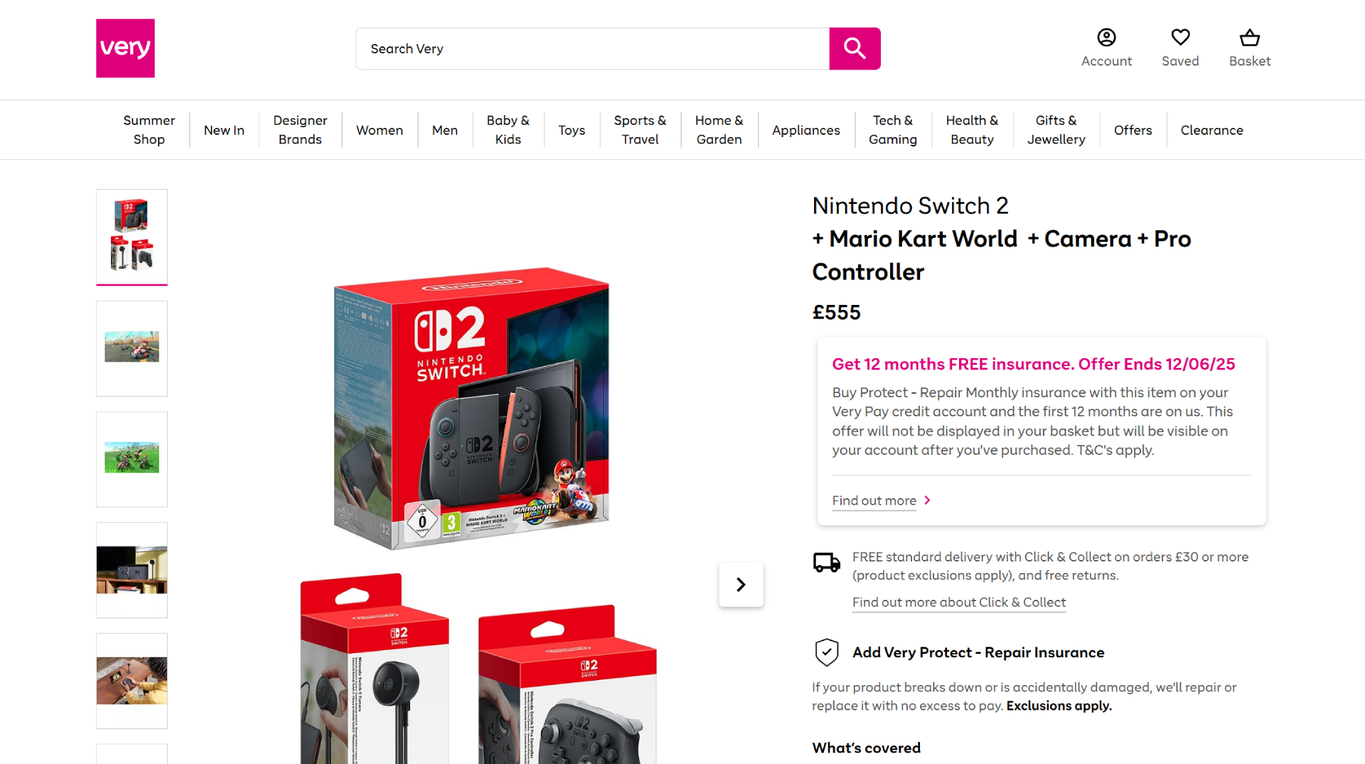 Nintendo Switch 2 + Mario Kart World + Camera + Pro Controller bundle at Very