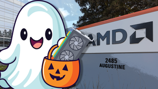 cute cartoon ghost with GPU outside AMD headquarters