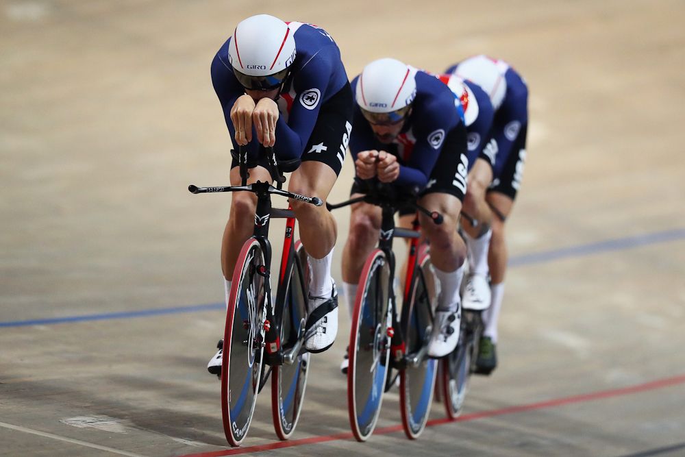 Gavin Hoover, Ashton Lambie, Colby Lange and Eric Young of USA compete in the men's pursuit qualifying on day one of the UCI Track Cycling World Championships