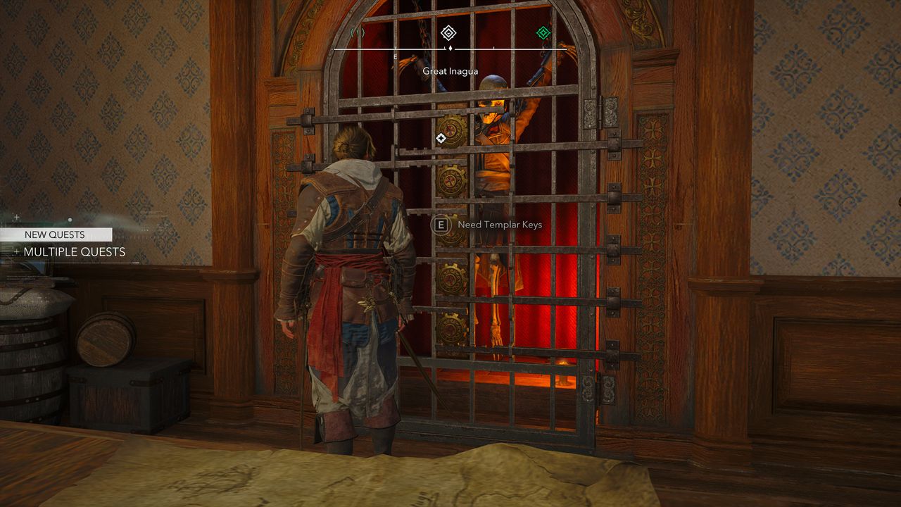 Black Flag outfits: Edward next to the locked gate protecting the Templar Armour in the manor.