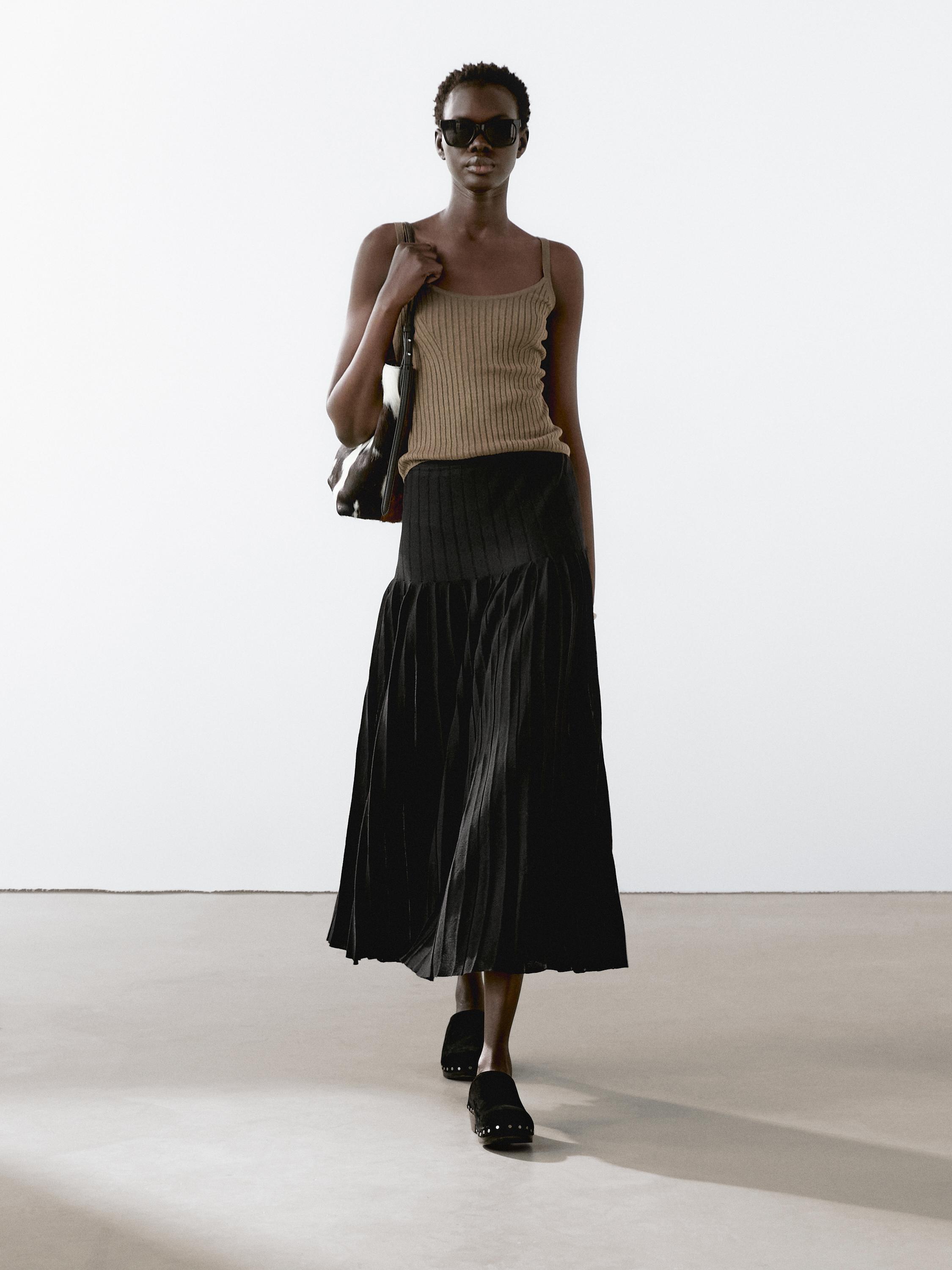 Massimo Dutti, Pleated Midi Skirt With Sheer Details