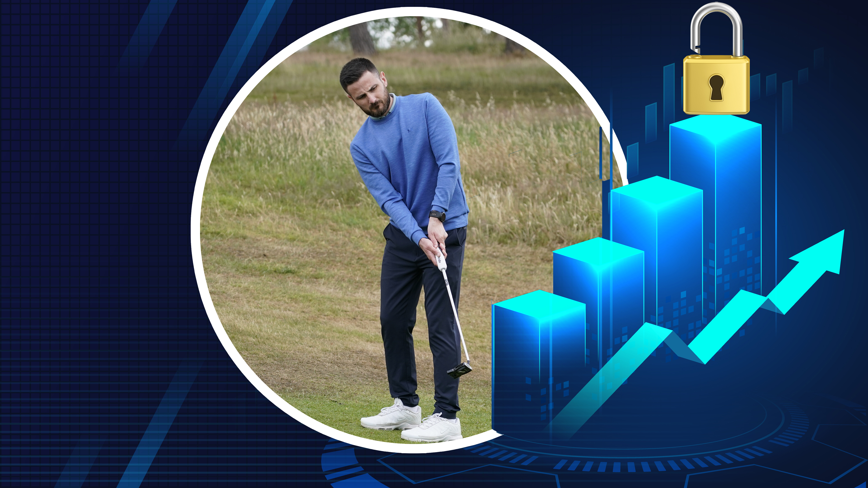 Baz Plummer at the end of his putting stroke looking down the line of his putt as it travels on the green, inset over the top of a blue bar chart and increasing line that makes it's way towards an open padlock signifying the unlocking of lower scores for amateur golfers