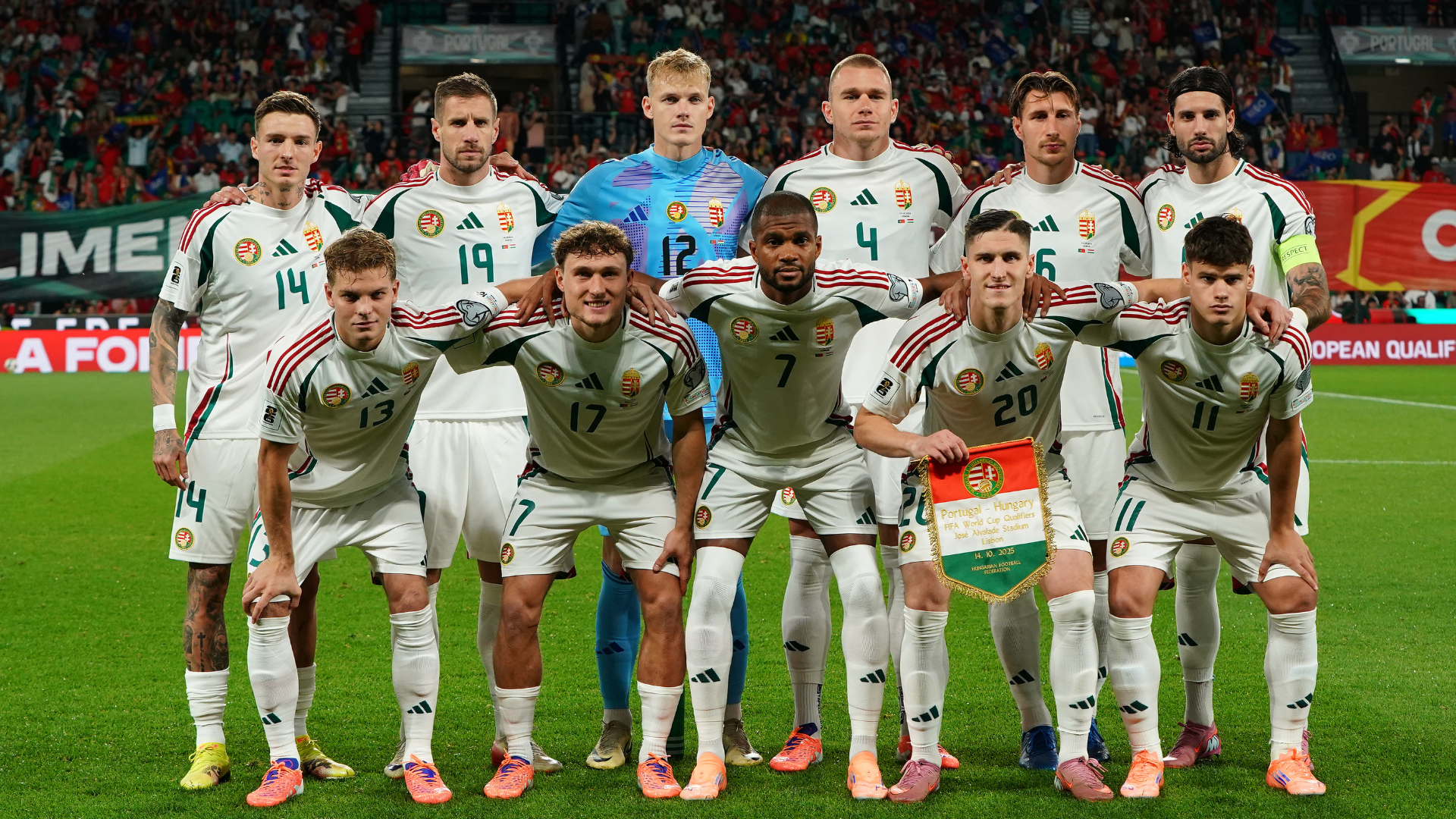 Hungary players pose for a team photo before the start of the FIFA World Cup 2026 Qualifier match between Portugal and Hungary at Estadio Jose Alvalade on October 14, 2025 in Lisbon, Portugal.