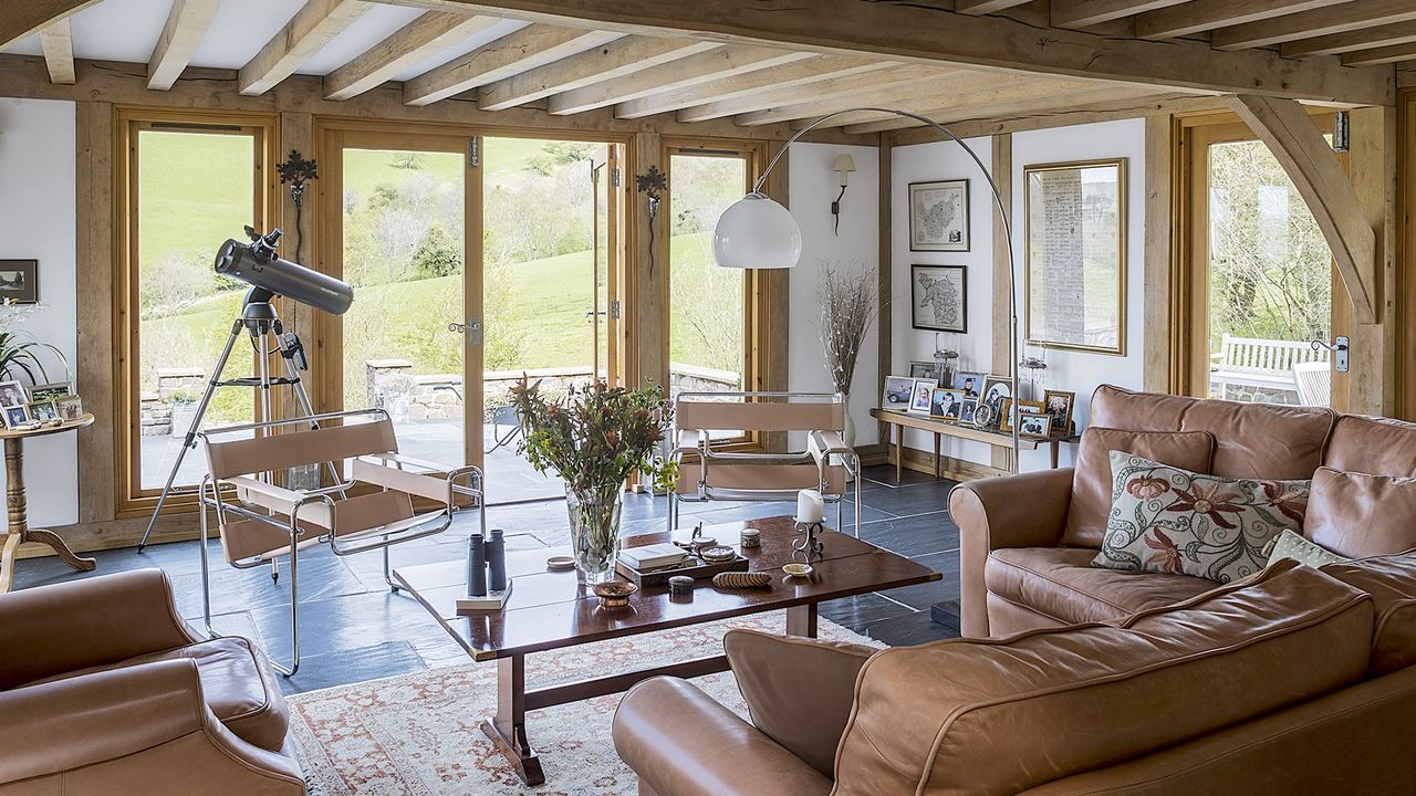 wooden theme day room with slate flooring