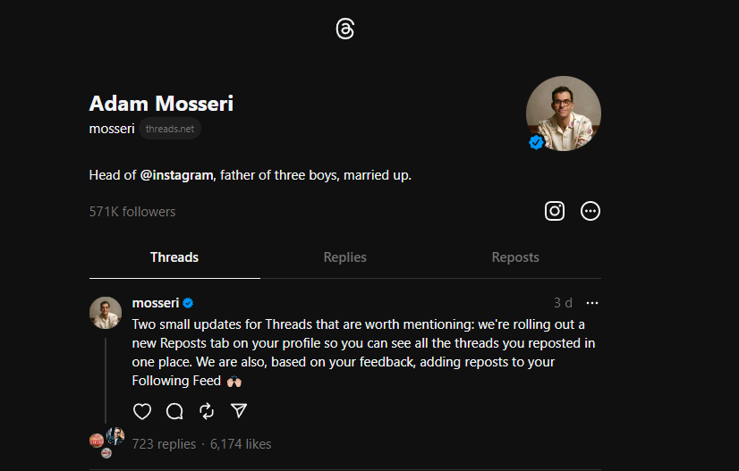 Screenshot of threads post by mosseri