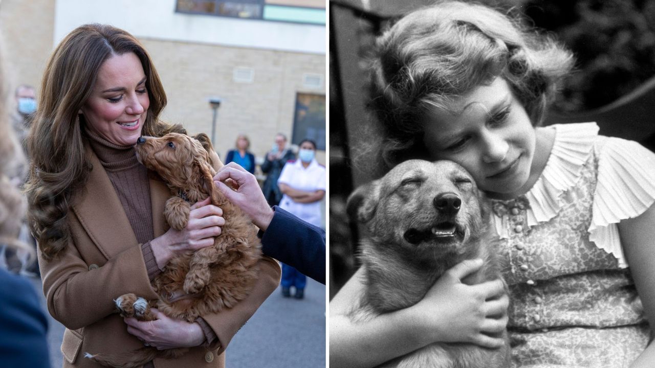 L- Kate Middleton with a dog, R- a young Queen Elizabeth II (circa 1936) holding a Corgi