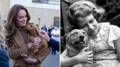 L- Kate Middleton with a dog, R- a young Queen Elizabeth II (circa 1936) holding a Corgi