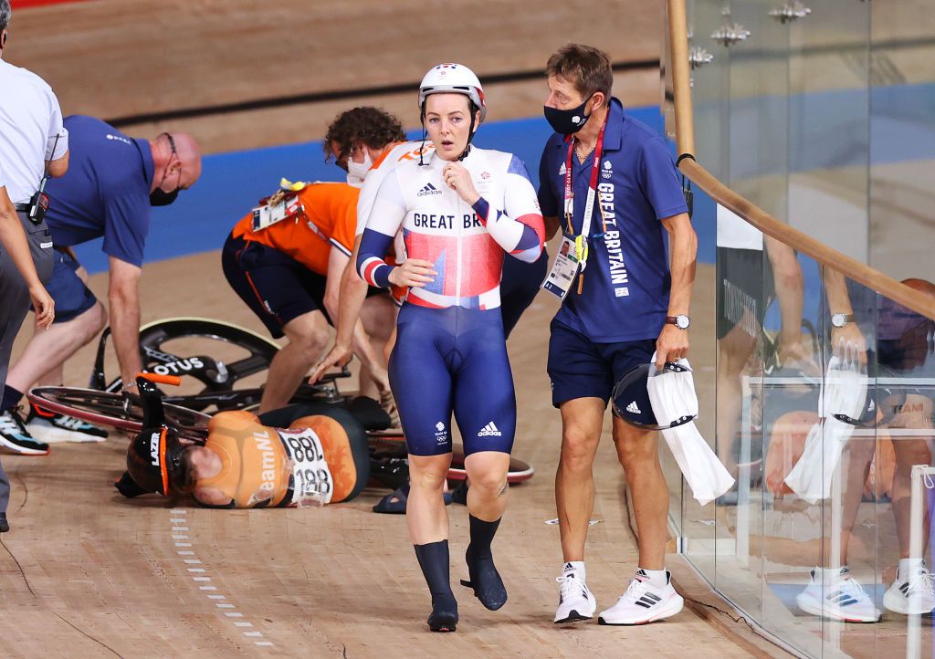 IZU JAPAN AUGUST 05 LR Laurine van Riessen of Team Netherlands and Katy Marchant of Team Great Britain assisted after falling during the Womens Keirin quarterfinals heat 1 of the track cycling on day thirteen of the Tokyo 2020 Olympic Games at Izu Velodrome on August 05 2021 in Izu Japan Photo by Justin SetterfieldGetty Images