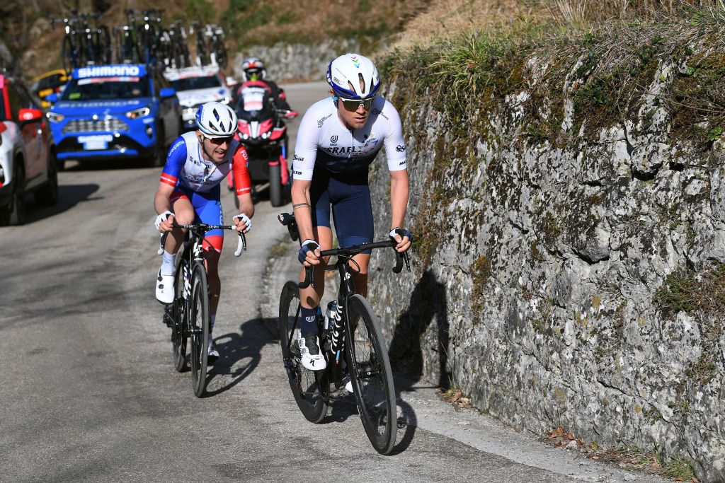 PRATI DI TIVO ITALY MARCH 13 Benjamin Thomas of France and Team Groupama FDJ Mads Wurtz Schmidt of Denmark and Team Israel StartUp Nation during the 56th TirrenoAdriatico 2021 Stage 4 a 148km stage from Terni to Prati di Tivo 1450m Breakaway TirrenoAdriatico on March 13 2021 in Prati di Tivo Italy Photo by Tim de WaeleGetty Images