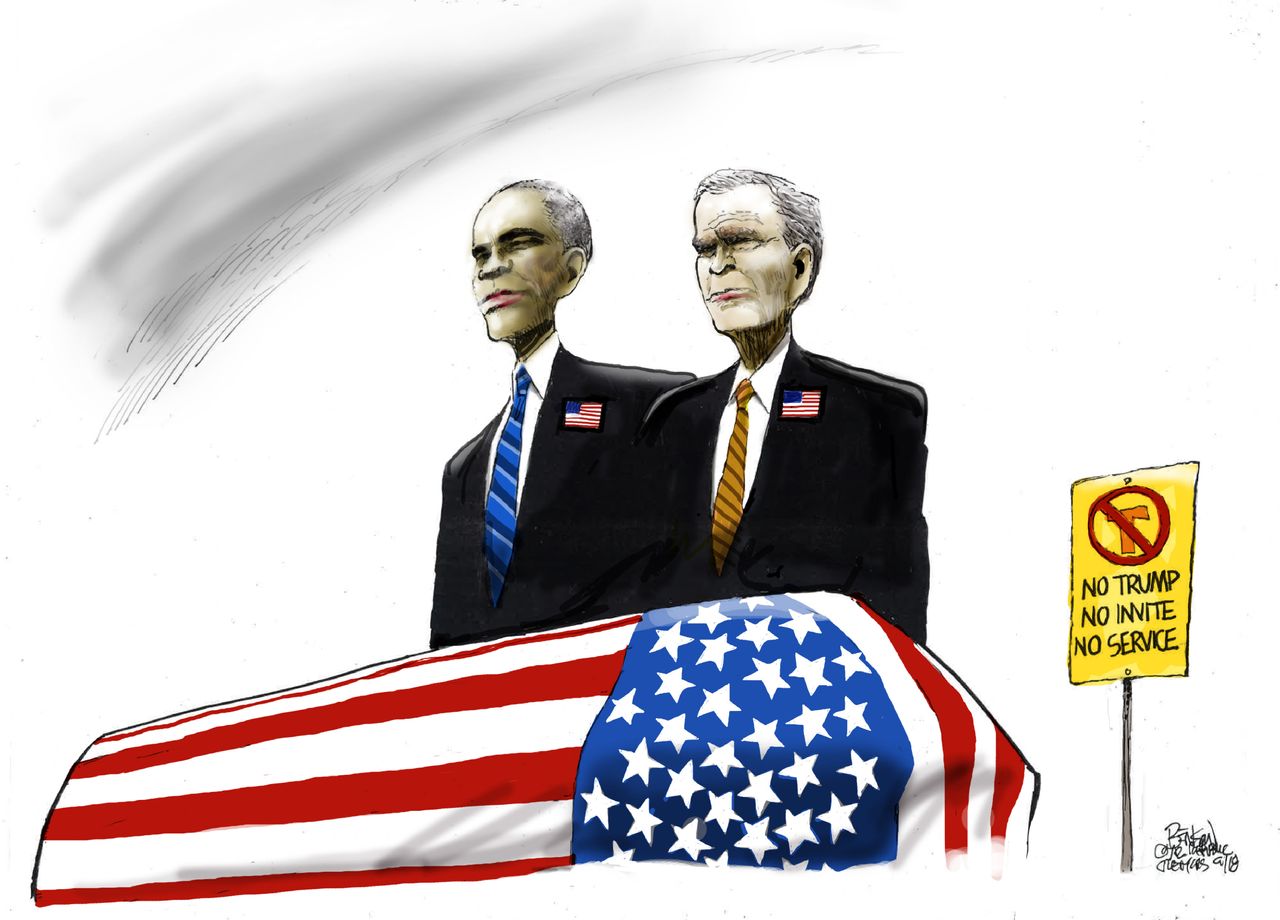 Political cartoon U.S. John McCain Trump memorial service Barack Obama George W Bush