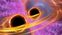 Two black circles surrounded by golden swirls. The background is pink, blue and fuzzy-looking.