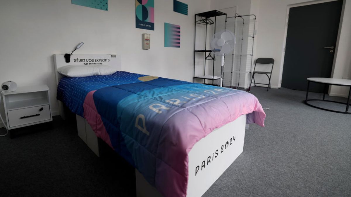 A cardboard bed inside the Paris 2024 Olympic village