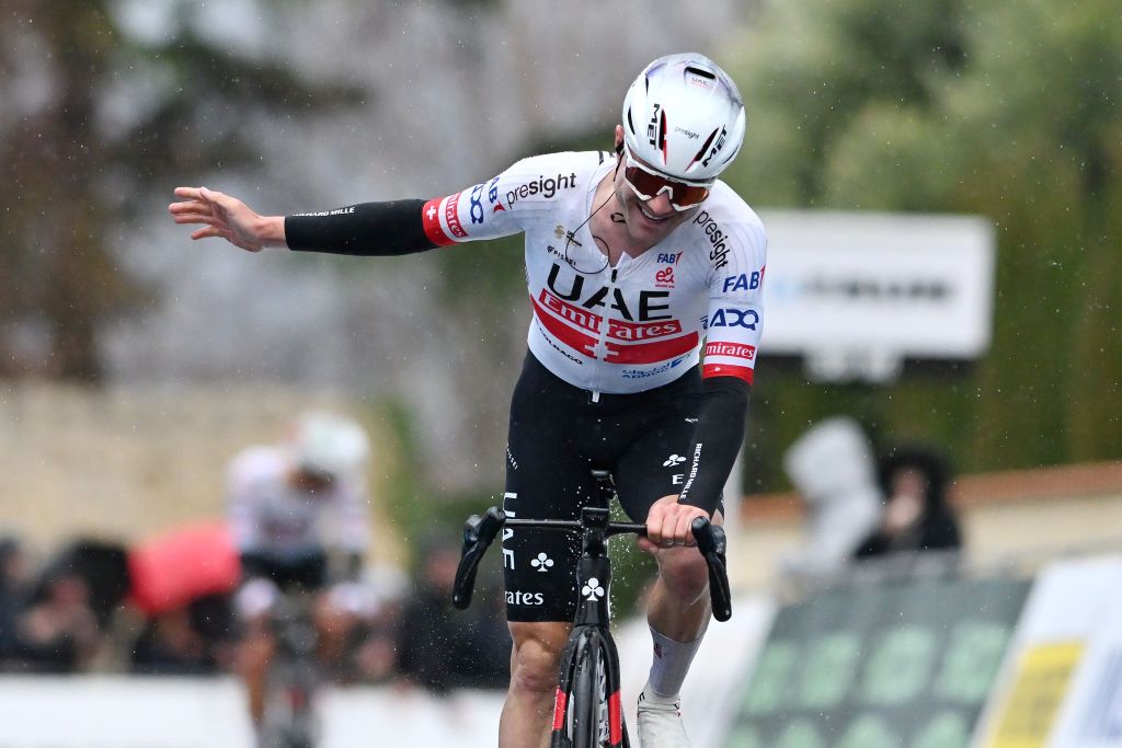 Marc Hirschi celebrates at finish line as race winner during the 12th Drome Classic 2024