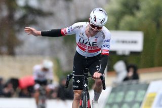 Marc Hirschi celebrates at finish line as race winner during the 12th Drome Classic 2024