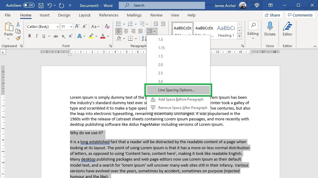 How to change line spacing in Word step 4: Click “Line Spacing Options.”