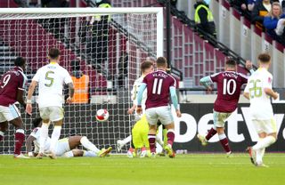 West Ham United’s Manuel Lanzini (second right) scores their side’s first goal of the game during the Emirates FA Cup third round match at London Stadium, London. Picture date: Sunday January 9, 2022