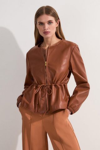 Leather Drawstring Tailored Collarless Jacket