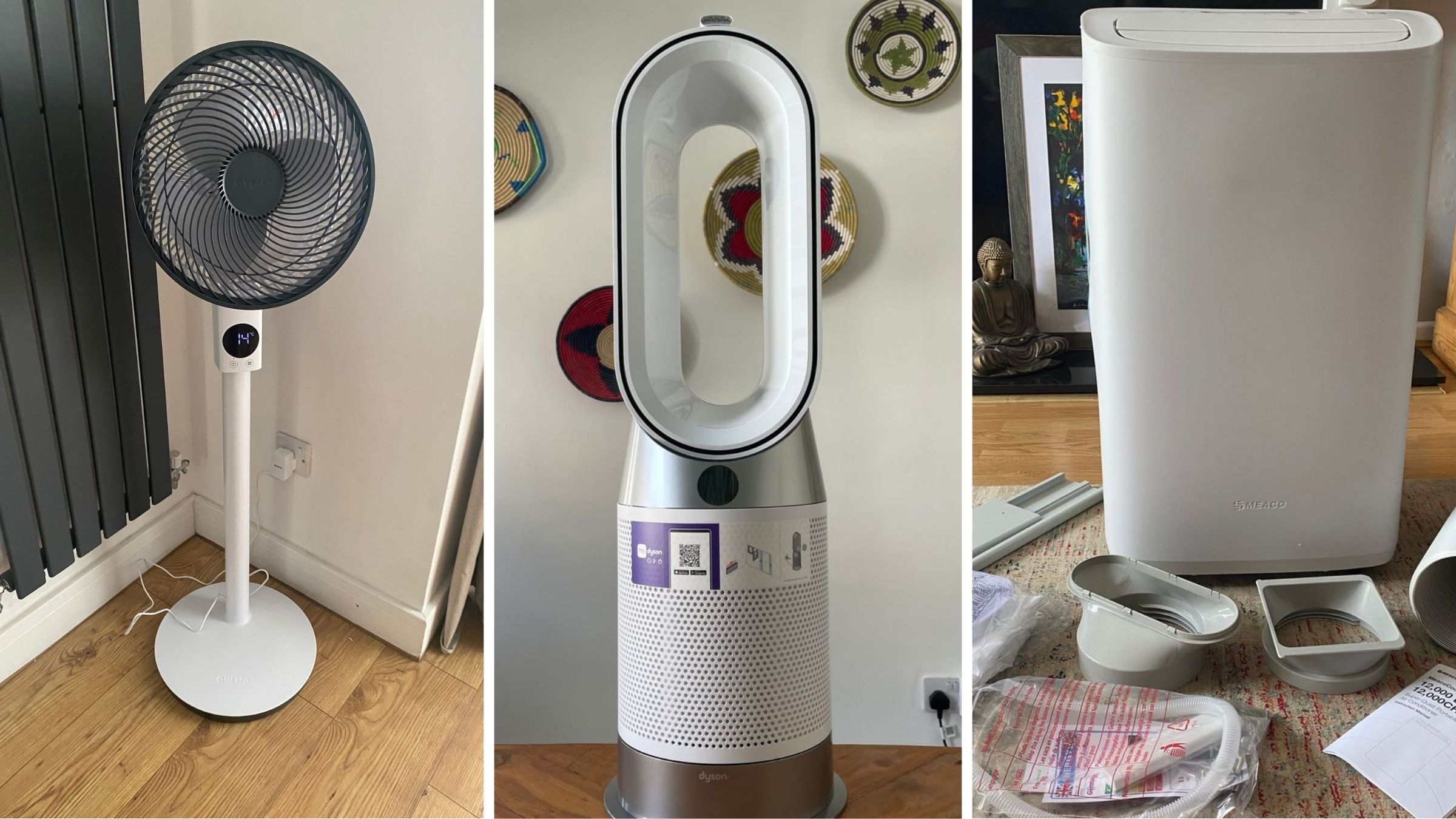 Spliced image showing the Meaco Sefte Pedestal Fan, the Dyson HP1 fan heater purifier and the Meaco Cirro portable air con