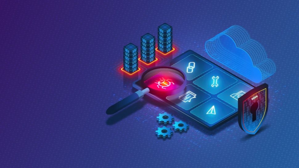 Application Security Testing Concept with Digital Magnifying Glass Scanning Applications to Detect Vulnerabilities - AST - Process of Making Apps Resistant to Security Threats - 3D Illustration