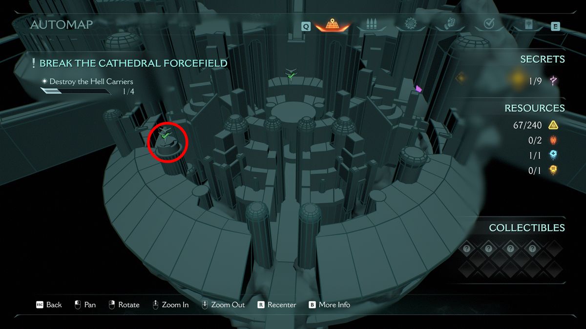 Doom: The Dark Ages Holy City of Aratum secrets - A map highlighting the location of a secret landing zone on a tower.