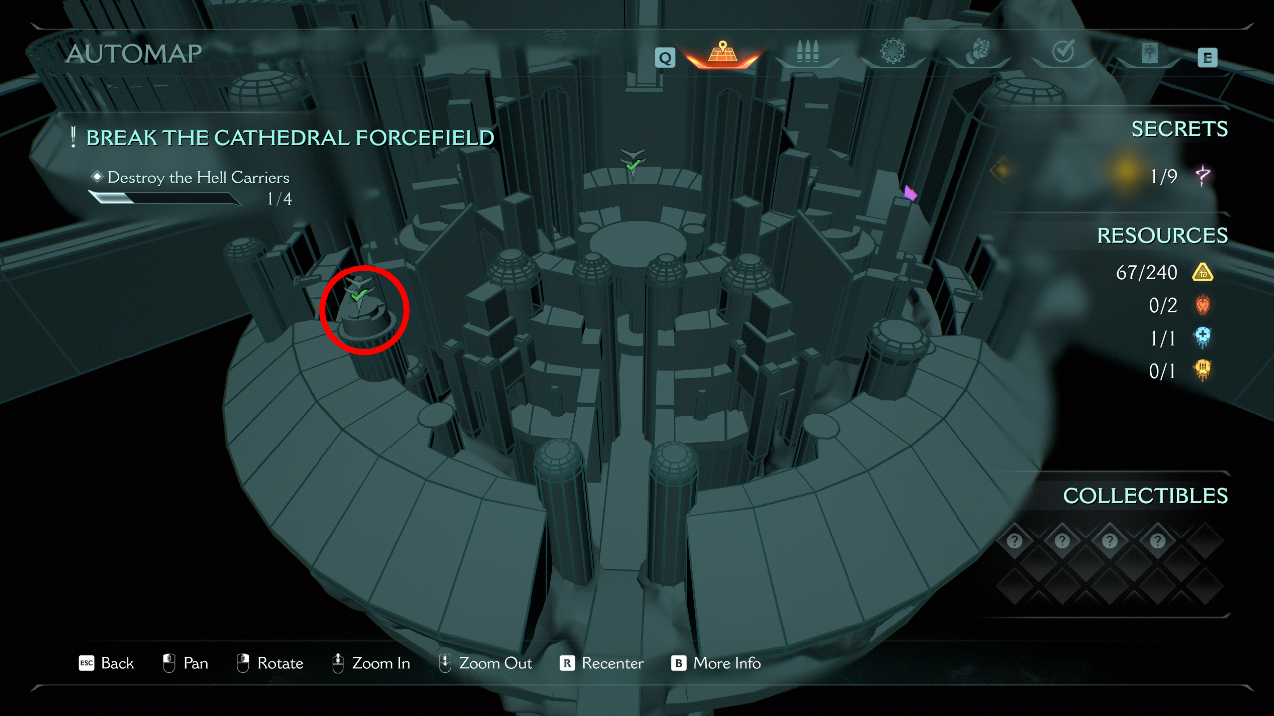 Doom: The Dark Ages Holy City of Aratum secrets - A map highlighting the location of a secret landing zone on a tower.