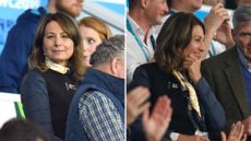 Composite of two pictures of Carole Middleton wearing a navy blue quilted jacket to watch the Rugby World Cup in 2015