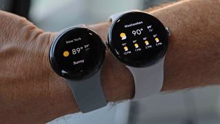 Two Google Pixel Watch 3s on a person's arm