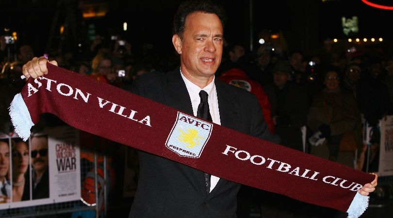 Tom Hanks holds up an Aston Villa scarf at the premiere of Charlie Wilson&#039;s War in 2008.